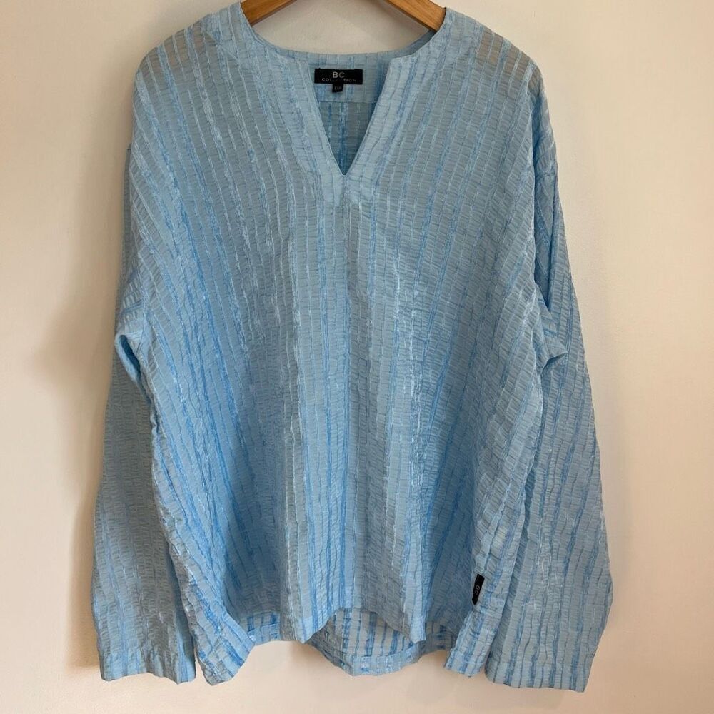 BC Collection Women’s 2XL XXL Blue Ruched Tunic Top Blouse V Neck Long Sleeve